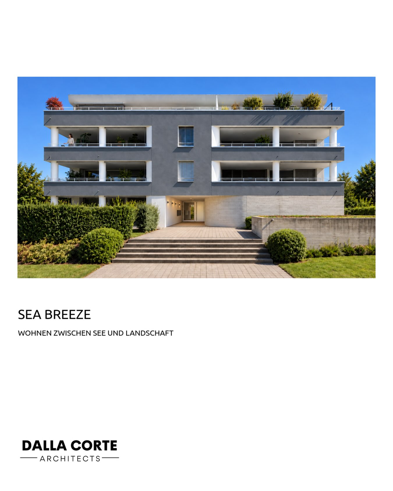 Sea Breeze: dunkle horizontale Fassadenbänder, helle Loggien und ein Eingang aus Sichtbeton