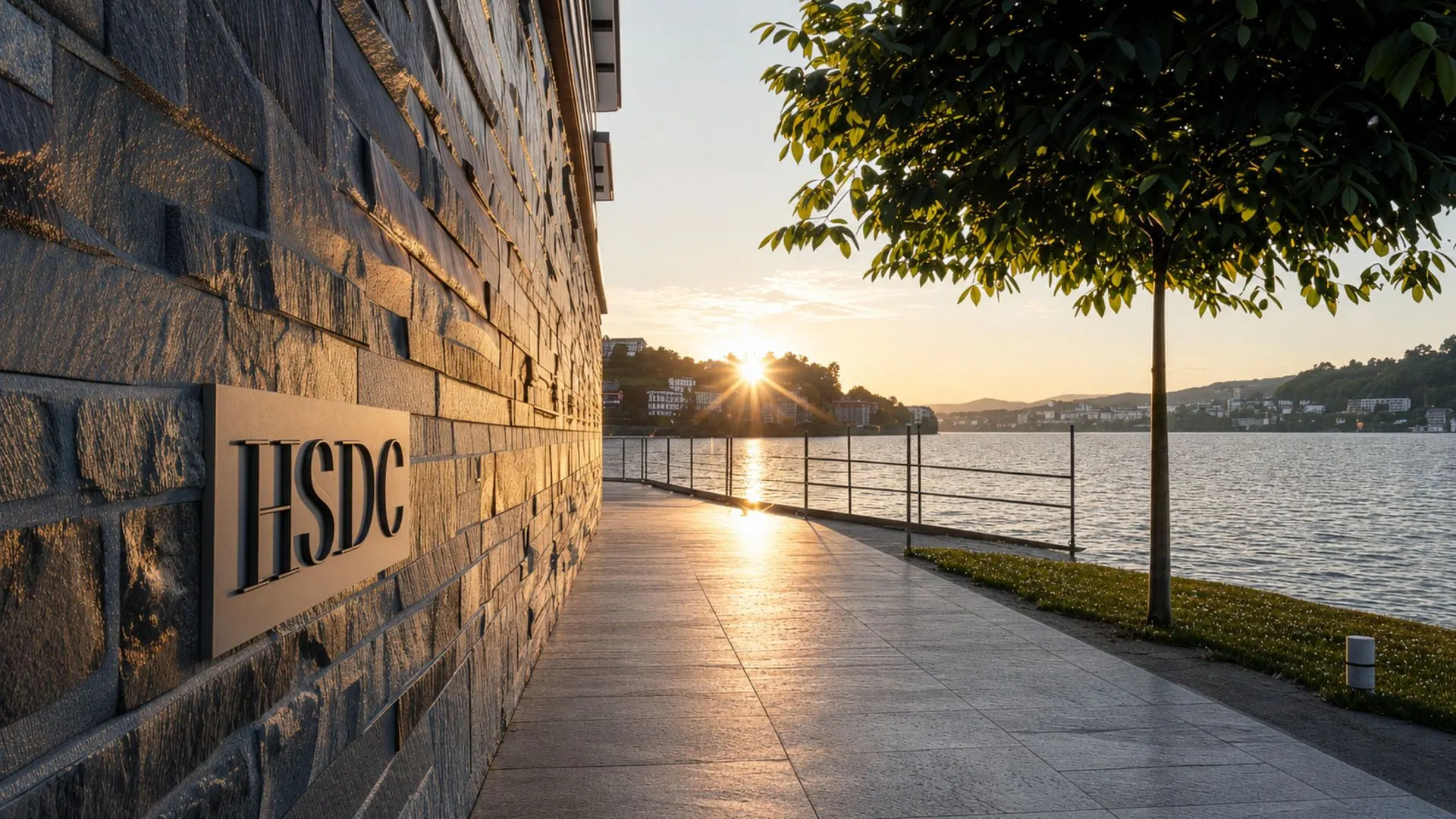 Seepromenade mit dem Schriftzug HSDC an einer Natursteinmauer