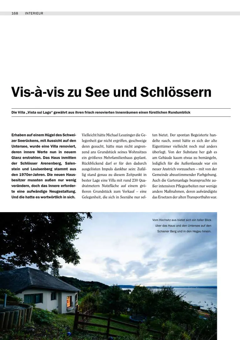 Pressebericht «Vis-à-vis zu See und Schlössern» in Entree 18/2021