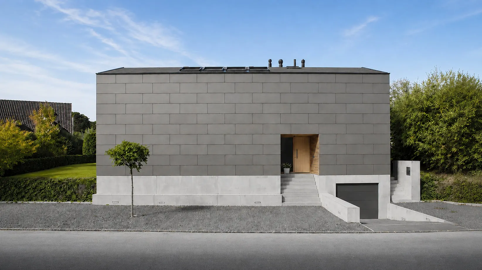 Strassenseite des Hauses der stillen Fassade mit grossformatigen Fassadenplatten, Betonsockel und schmalem Eingang.