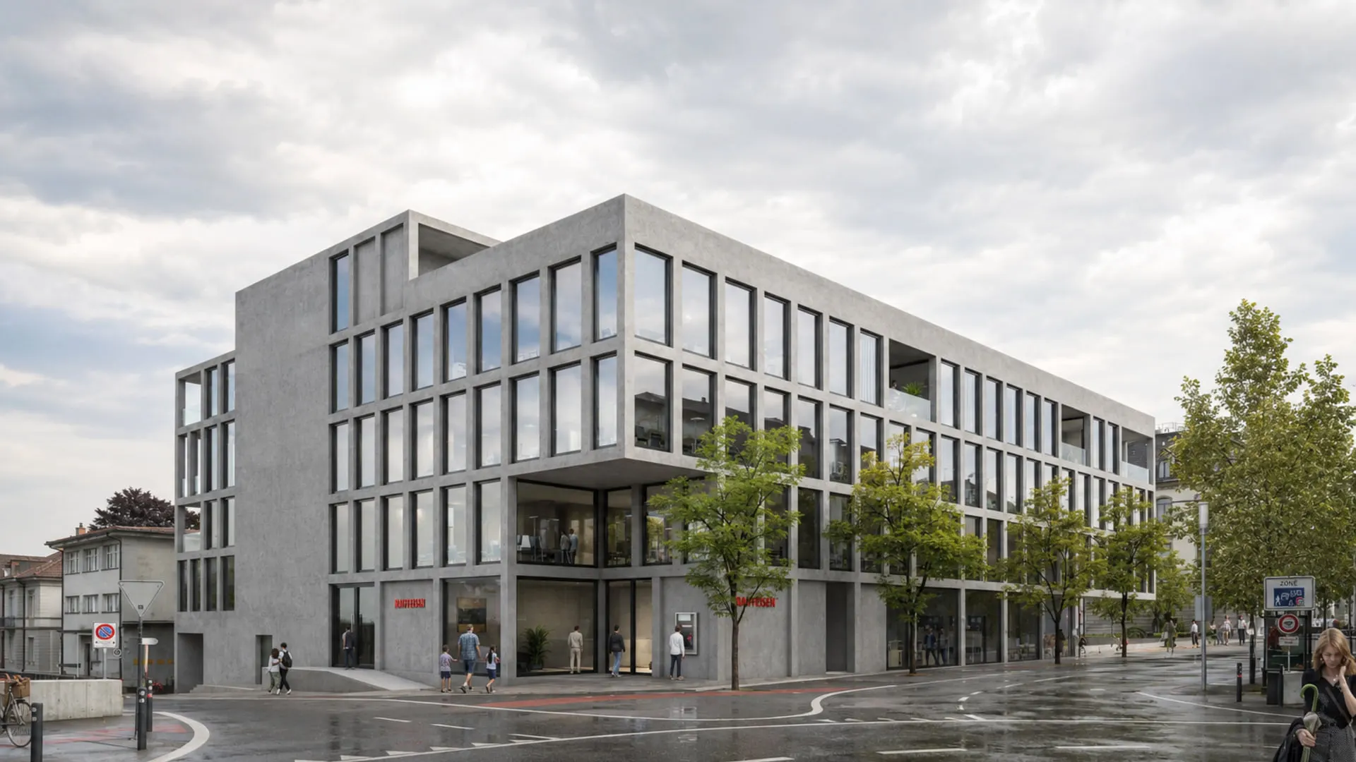Zweite Visualisierung des Hauses am Platz mit öffentlichem Durchgang und gegliederten Obergeschossen.