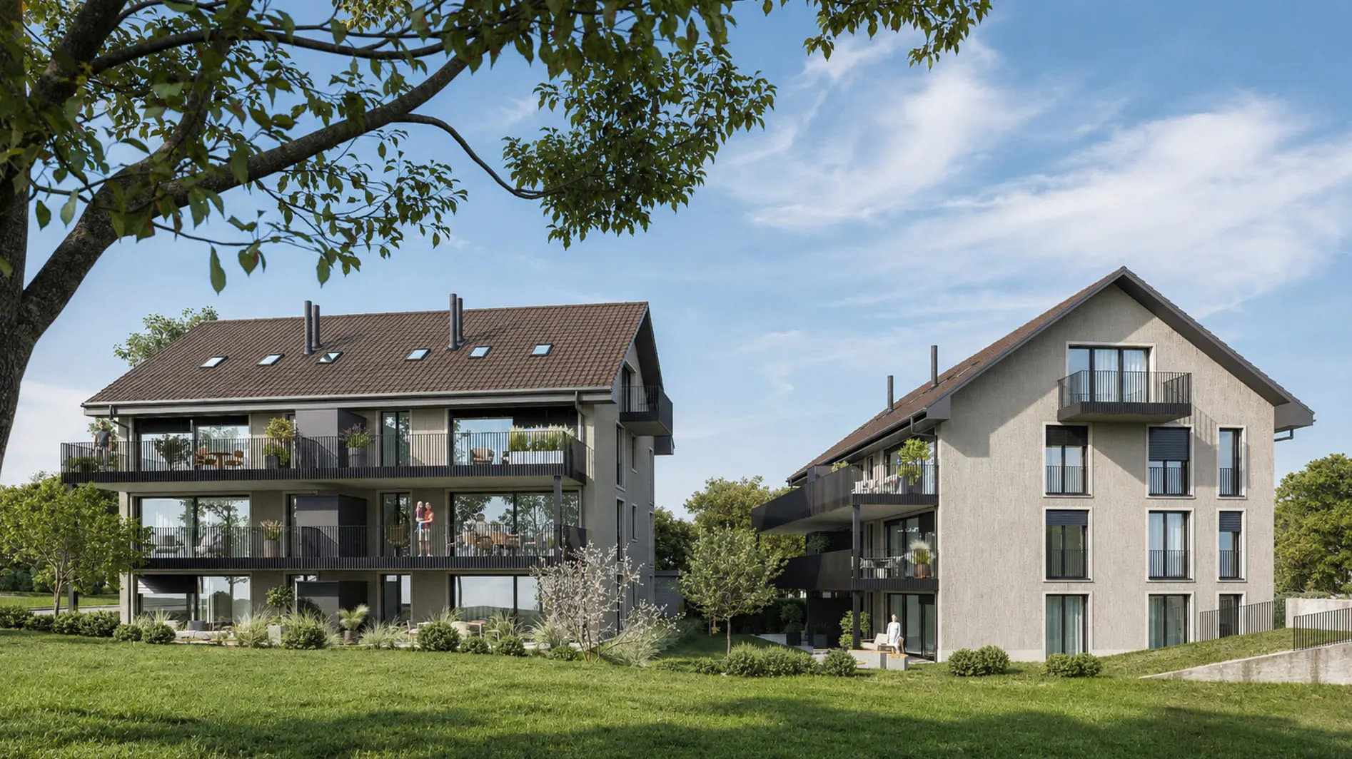 Visualisierung der beiden geplanten Mehrfamilienhäuser in Wäldi mit gemeinsamem Garten.