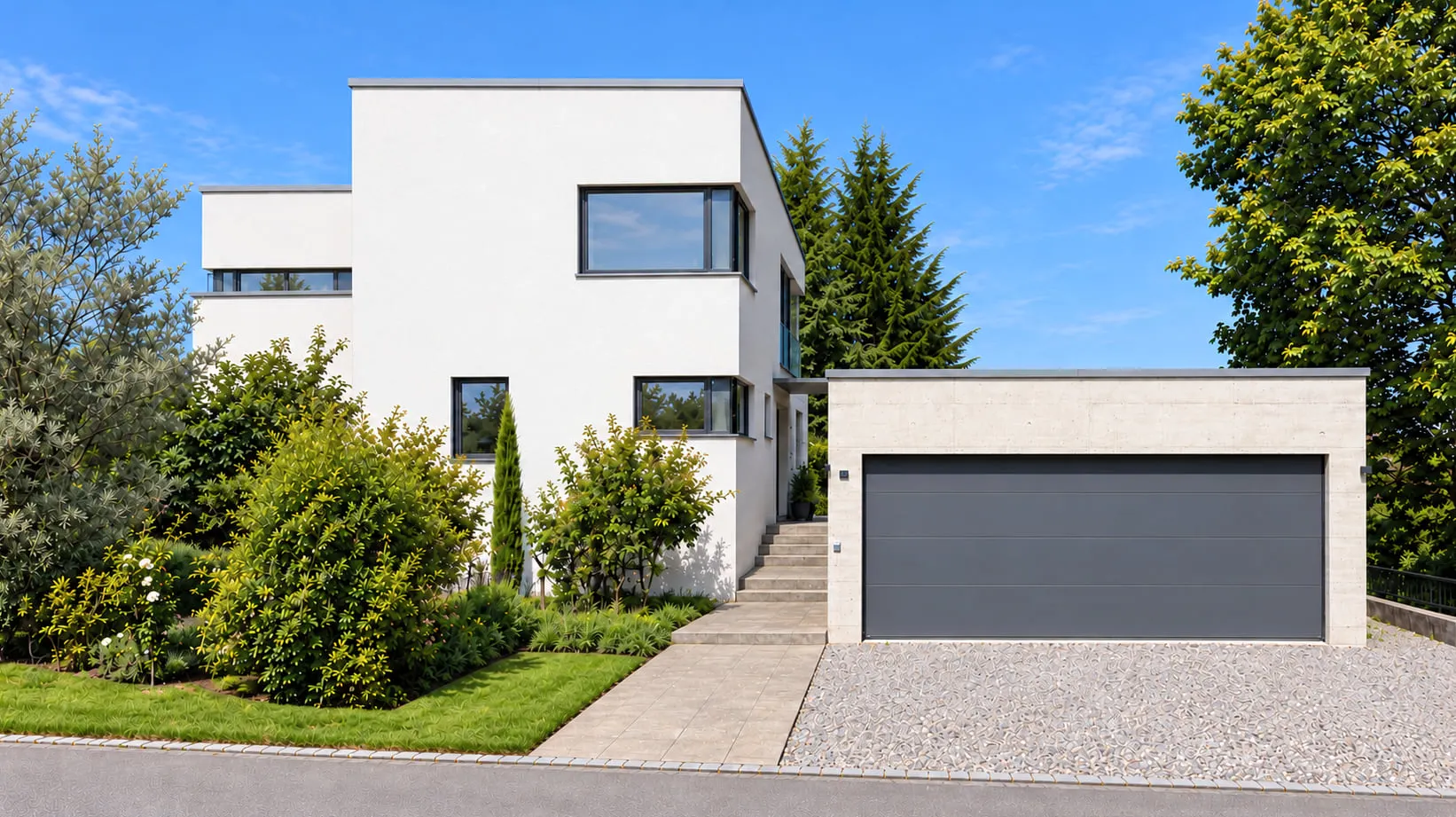 Aktuelle Garten- und Strassenansicht mit gestaffeltem weissem Wohnhaus und niedriger Betongarage.