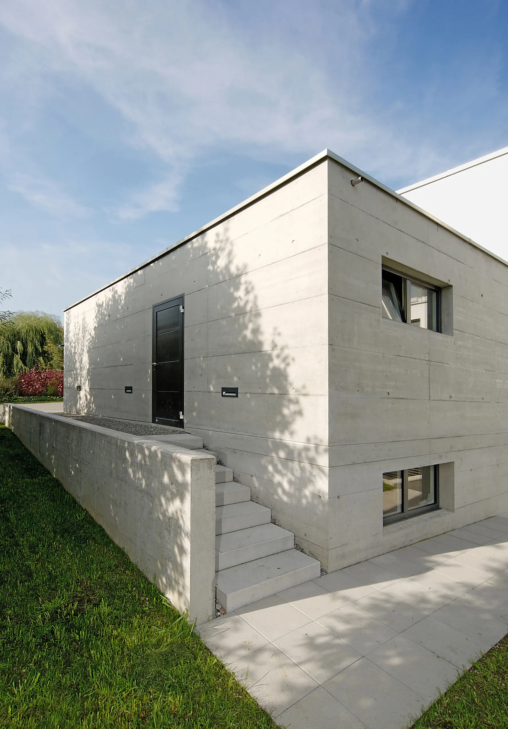 Betontreppe entlang des niedrigen Baukörpers zwischen Garten und Eingang.