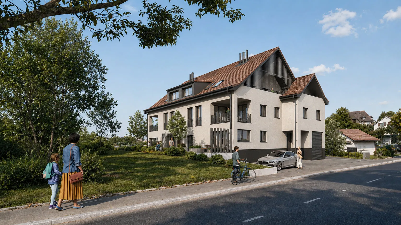 Visualisierung des geplanten Mehrfamilienhauses in Wagenhausen mit sechs Wohnungen.