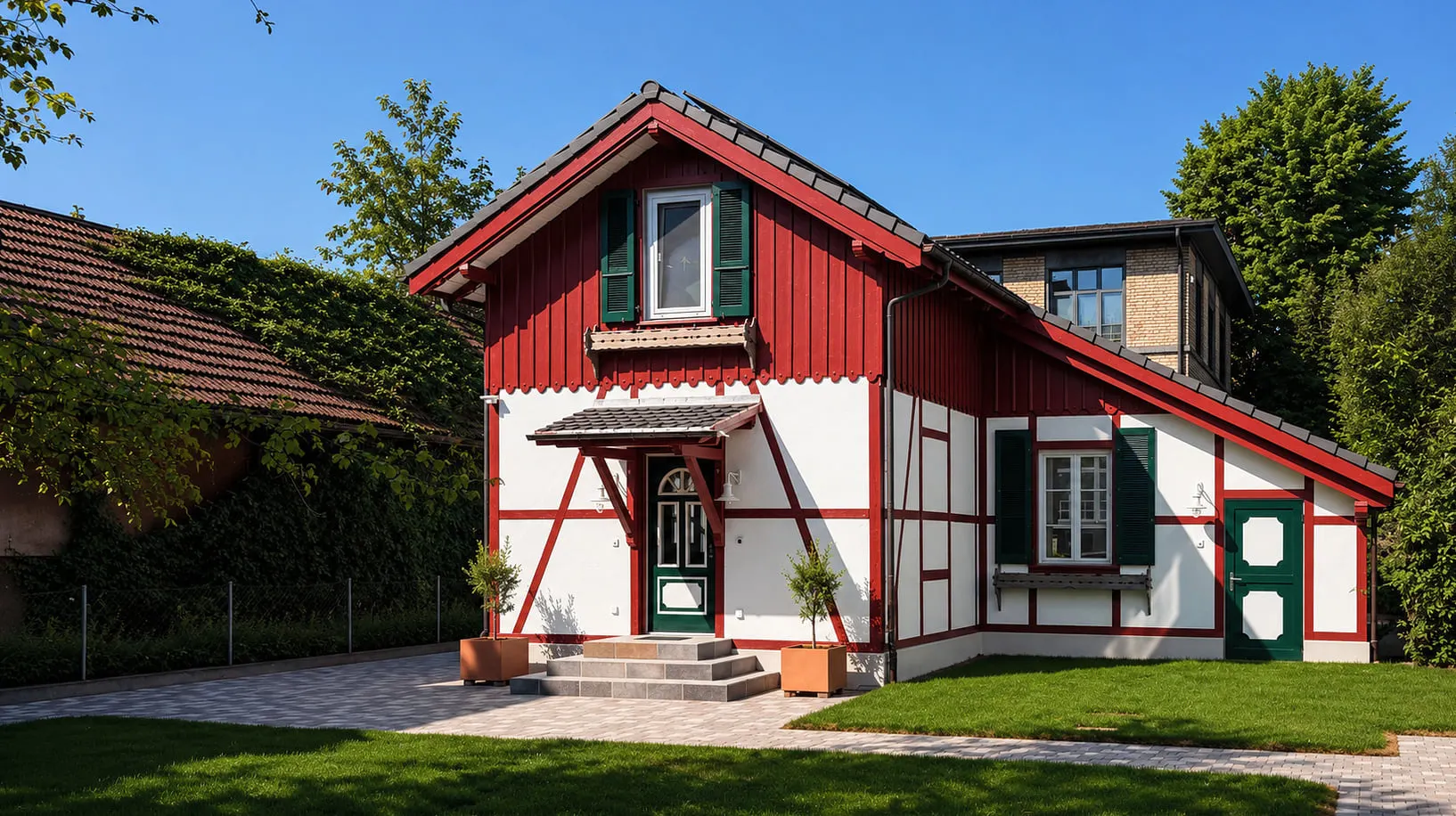 Wohnen im Schopf in Kreuzlingen mit gestaffelten Dächern, roten Holzflächen, weissem Putz und grünen Türen und Fensterläden.