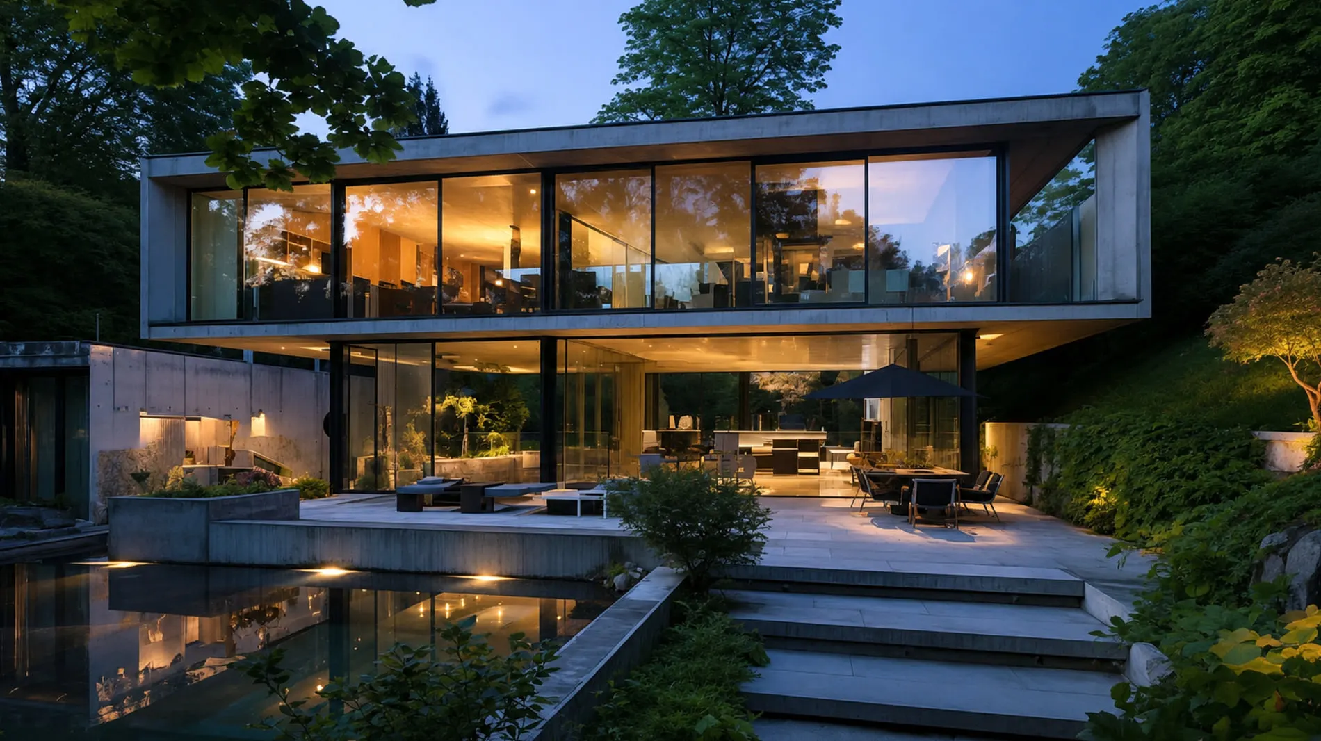 Visualisierung der Studie Haus zwischen Wald und Wasser in Salenstein mit Betonrahmen, grossen Glasflächen, gedeckter Terrasse und Wasserbecken.