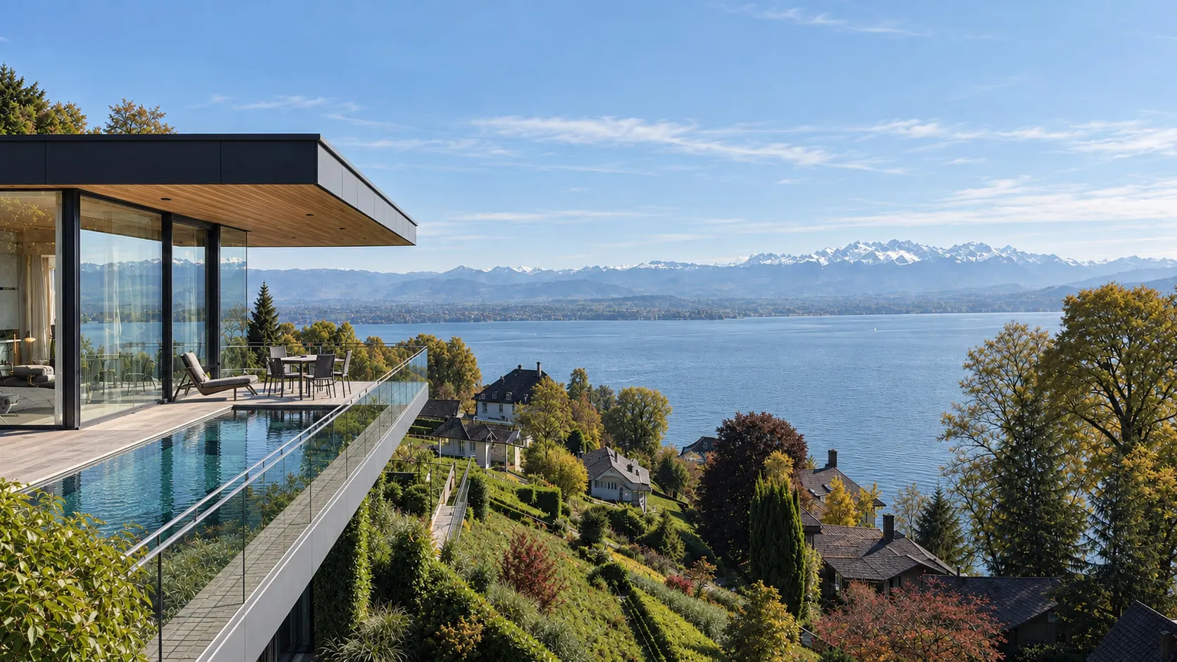 Visualisierung der Studie Weite wohnen in Steckborn mit verglastem Wohnraum, Dachauskragung und schmalem Pool vor dem Blick über den See.