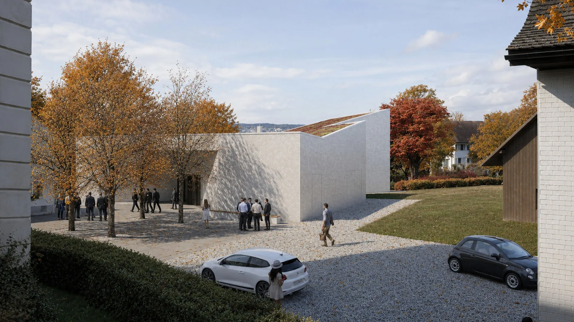 Visualisierung des Wettbewerbsbeitrags für ein Kirchgemeindehaus in Tägerwilen mit hellen geneigten Baukörpern und einem offenen Vorbereich.