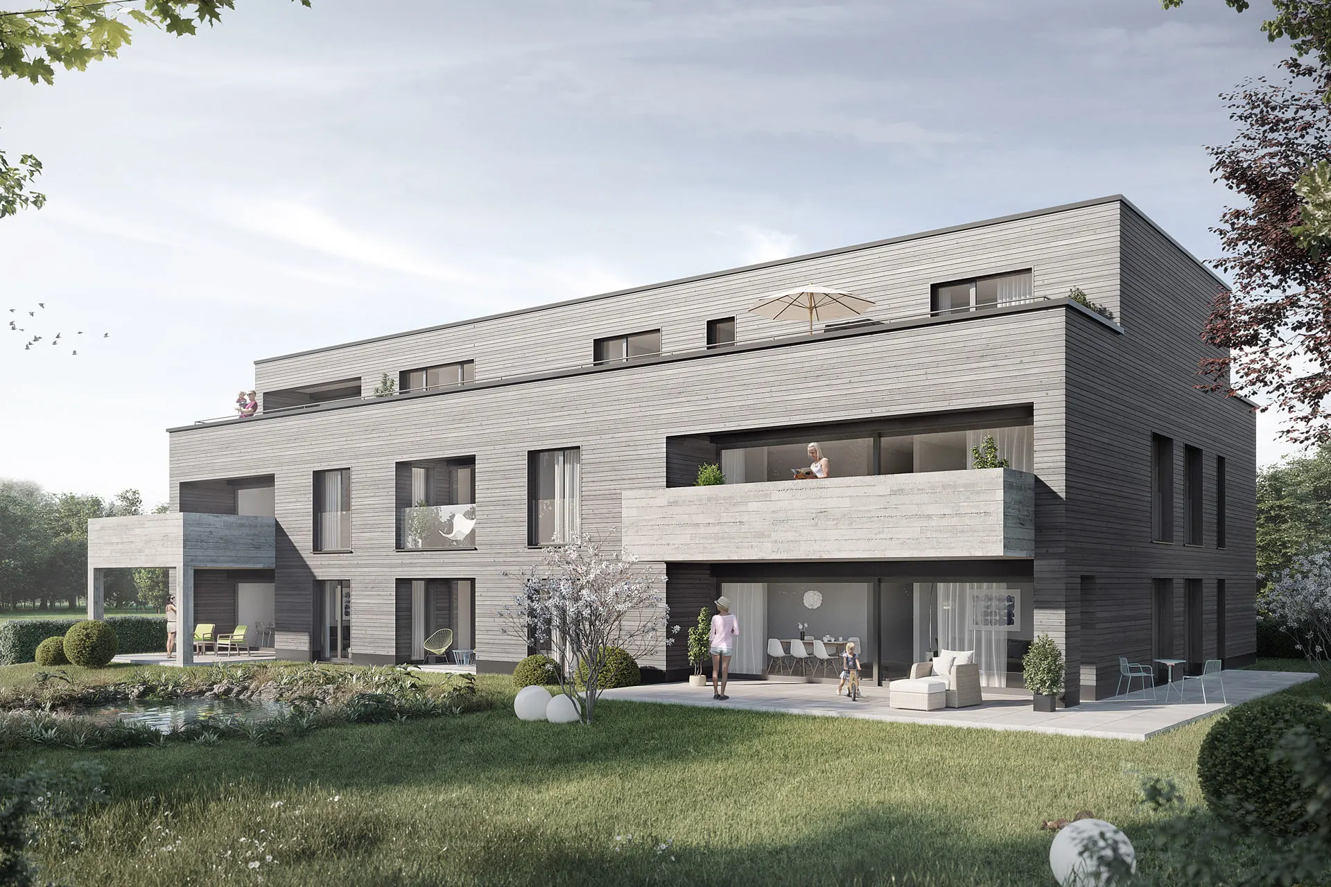 Visualisierung von La Perla in Kreuzlingen mit horizontal gegliederter Fassade, Loggien, Gartenterrassen und zurückgesetztem oberstem Geschoss.