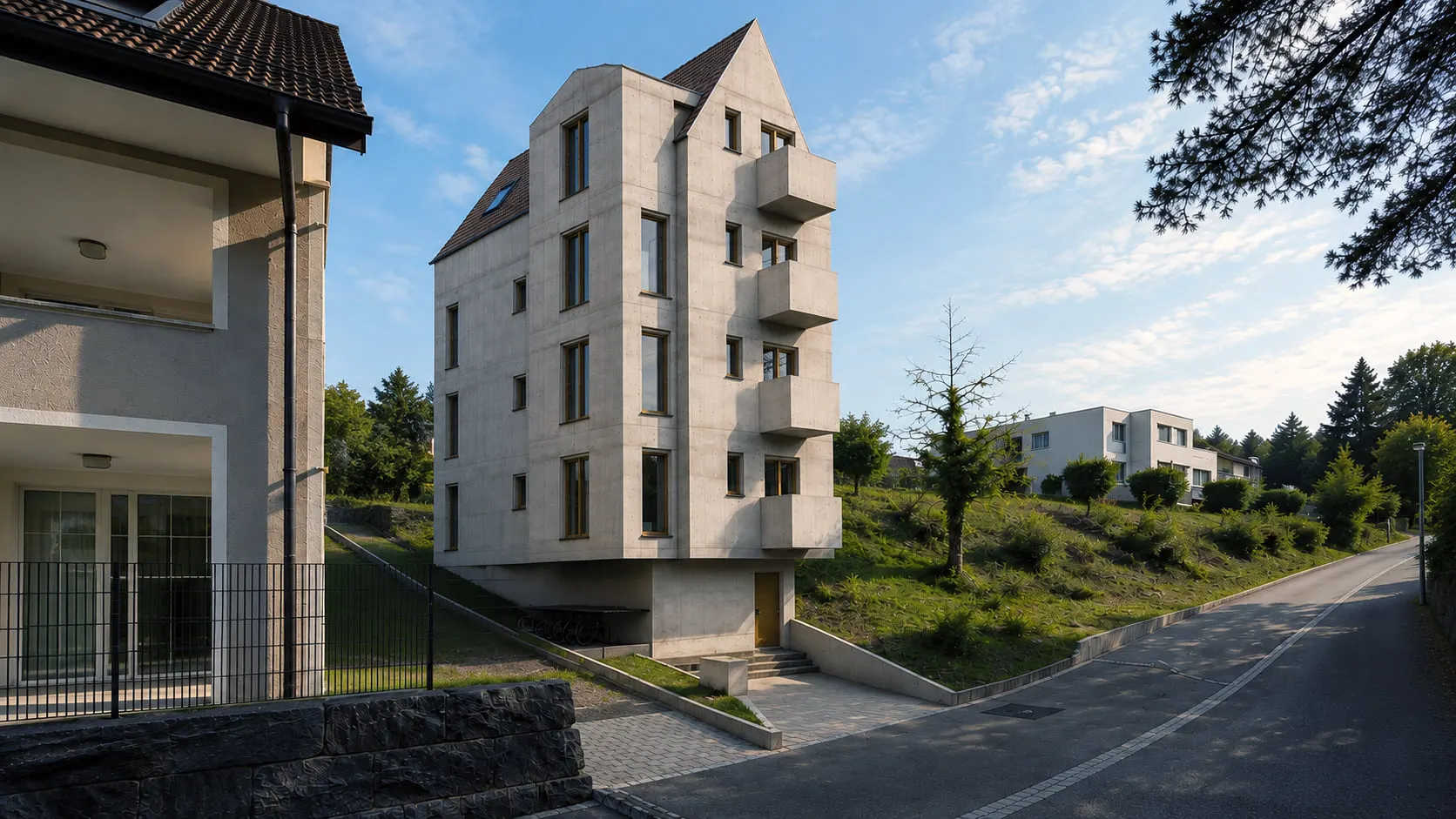Visualisierung der Studie Das schmale Haus in Weinfelden mit hohem Giebel, stehenden Fenstern und übereinander angeordneten Balkonen am Hang.