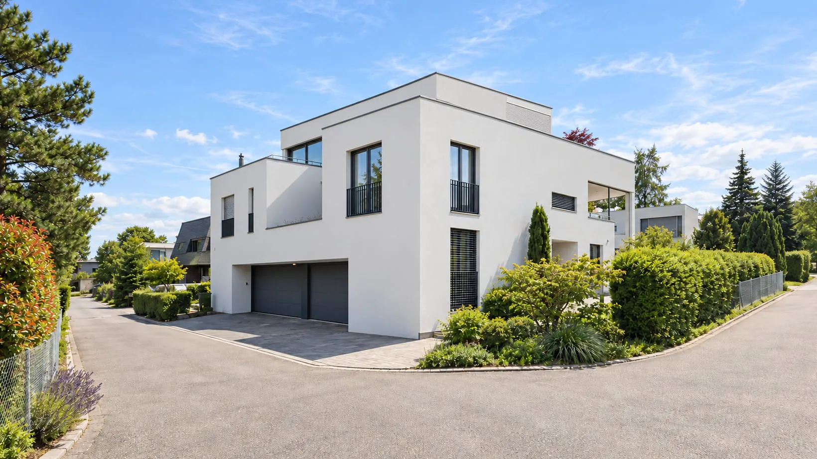 Doppeleinfamilienhaus in Bottighofen mit weisser Fassade, flachen Dachlinien und unterschiedlich eingeschnittenen Fenstern und Rücksprüngen.