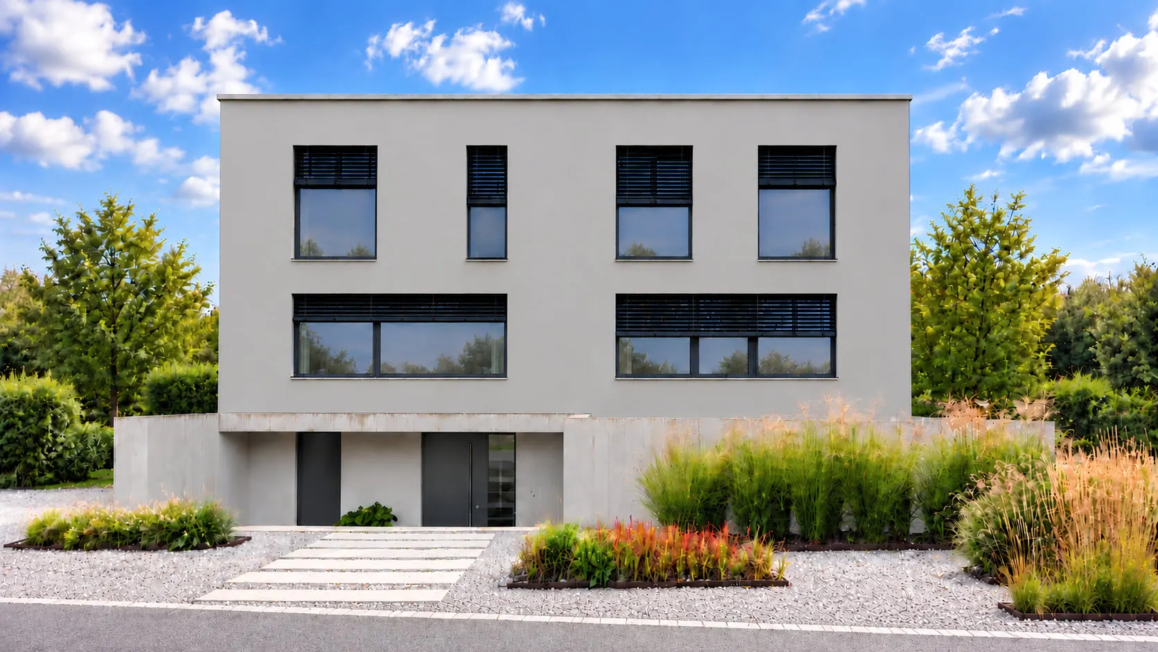 Einfamilienhaus in Ermatingen mit zurückgesetztem Eingang im Betonsockel, vorgelagerter Bepflanzung und geordneter heller Obergeschossfassade.