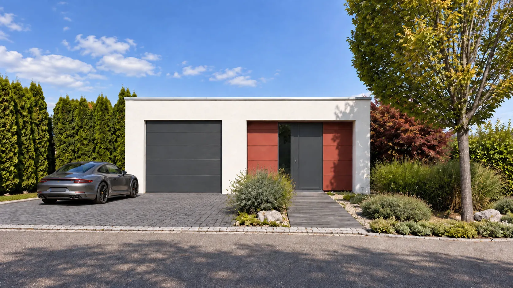 Strassenansicht eines eingeschossig erscheinenden Einfamilienhauses in Triboltingen mit rotem Eingangsbereich und dunklem Garagentor.