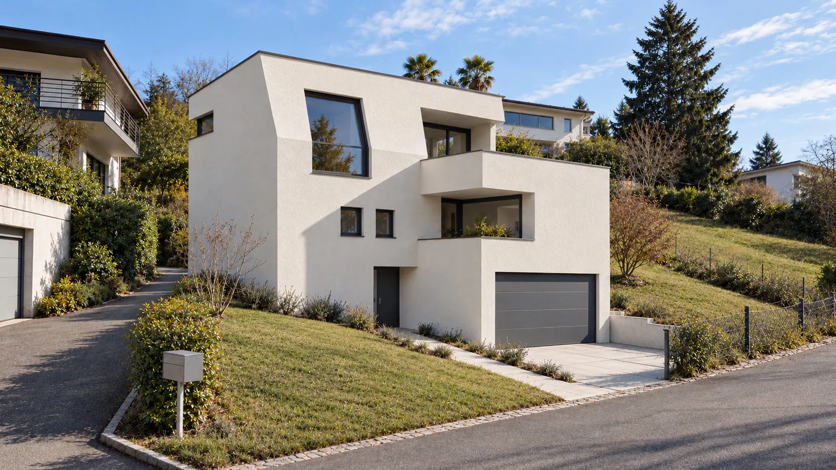 Visualisierung der Studie Einfamilienhaus Triboltingen von 2011 aus Nordosten. Garage, geneigter oberer Abschluss und eingeschnittene Aussenräume gliedern die Hausfigur am Hang.