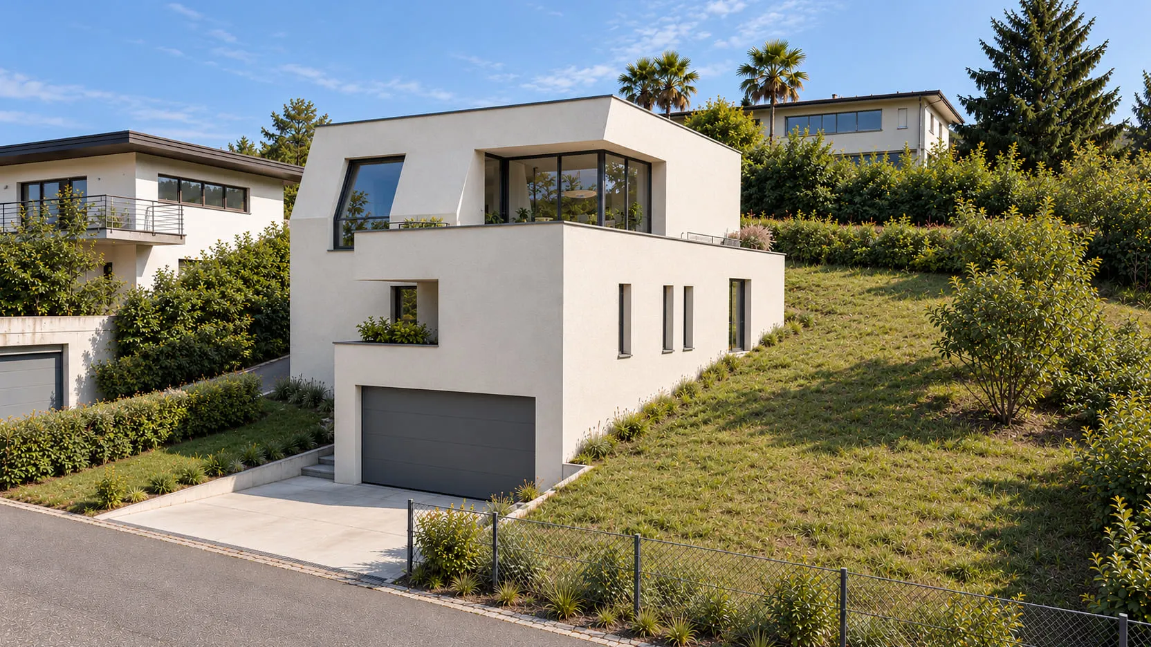 Visualisierung der Studie Einfamilienhaus Triboltingen von 2011 aus Nordwesten. Die lange Westfassade mit Dachterrasse und Garage ist im besiedelten Hang dargestellt.