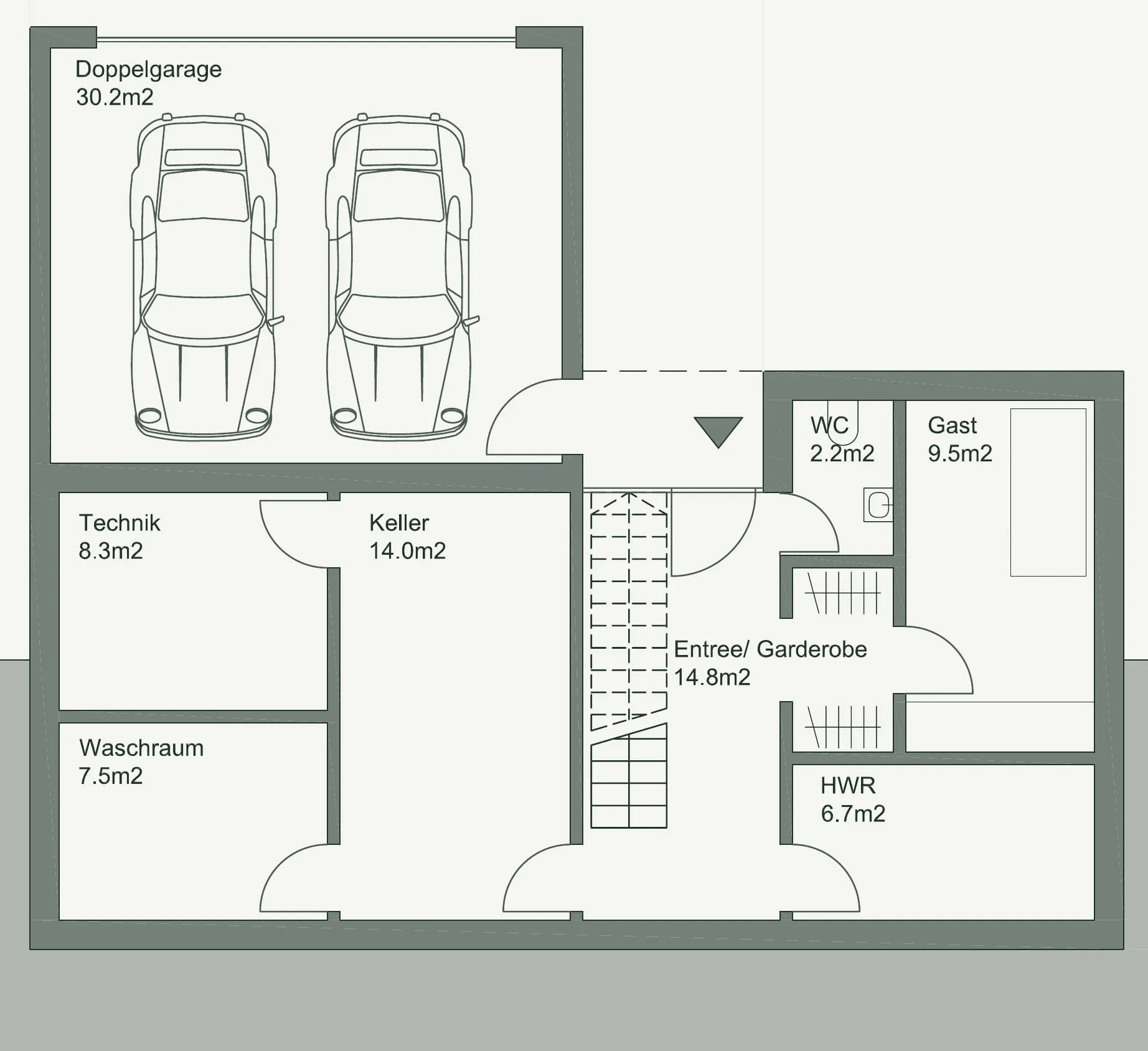 Erdgeschoss mit Garage, Ankunft und Nebenräumen. Studie von 2011.