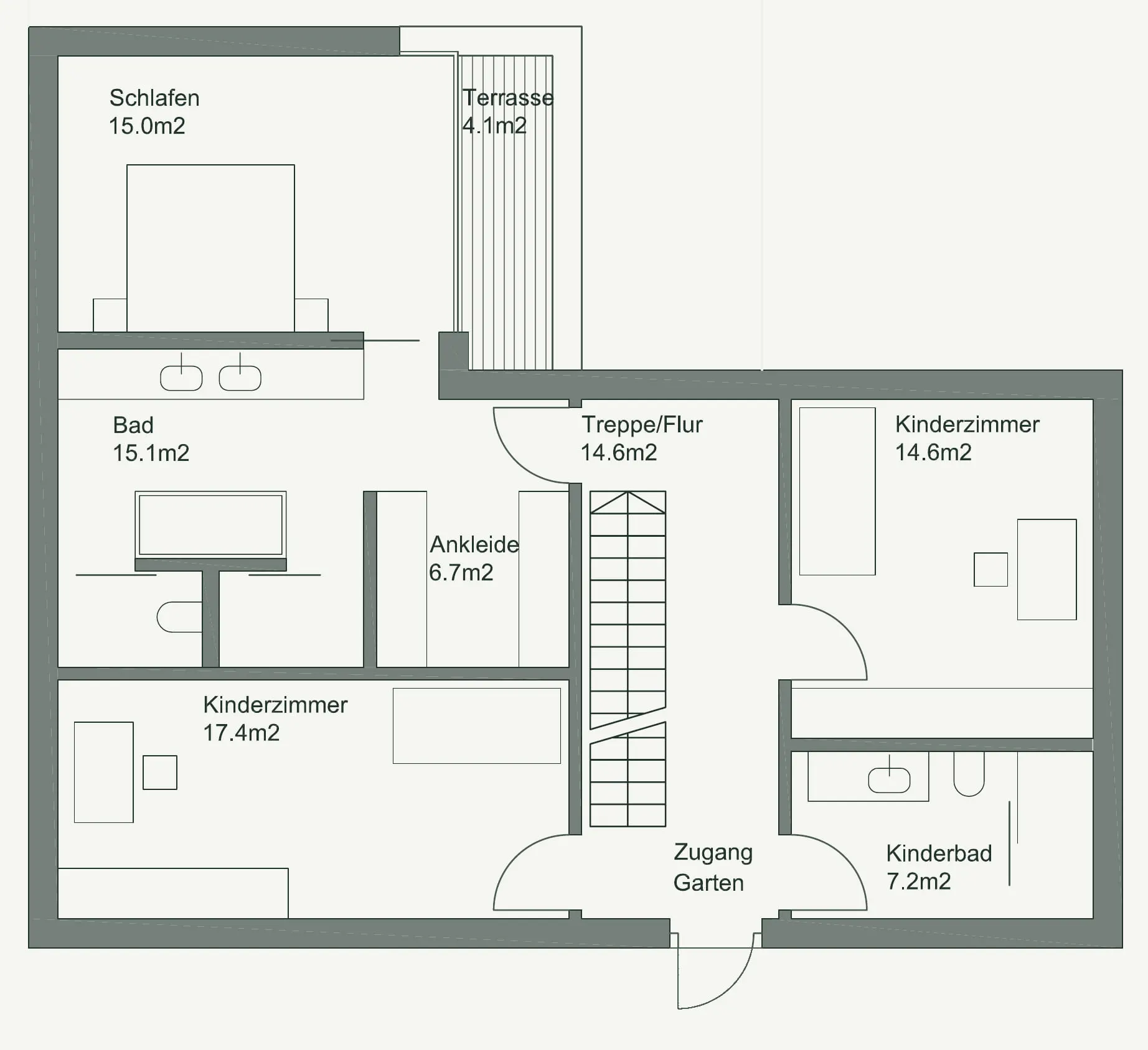 Obergeschoss mit Schlafräumen und Gartenzugang. Studie von 2011.