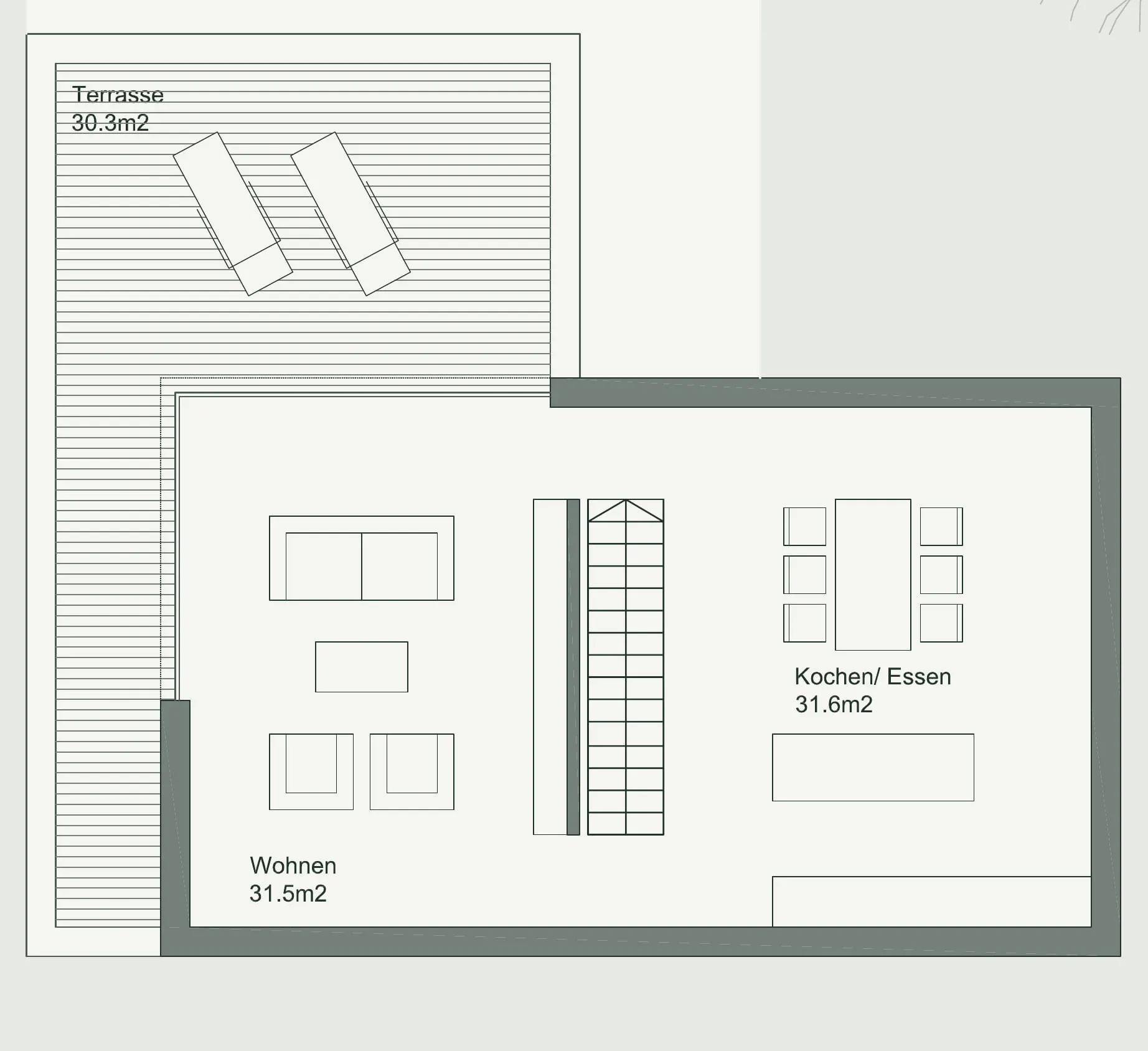 Attikageschoss mit Wohnen, Essen, Kochen und Dachterrasse. Studie von 2011.