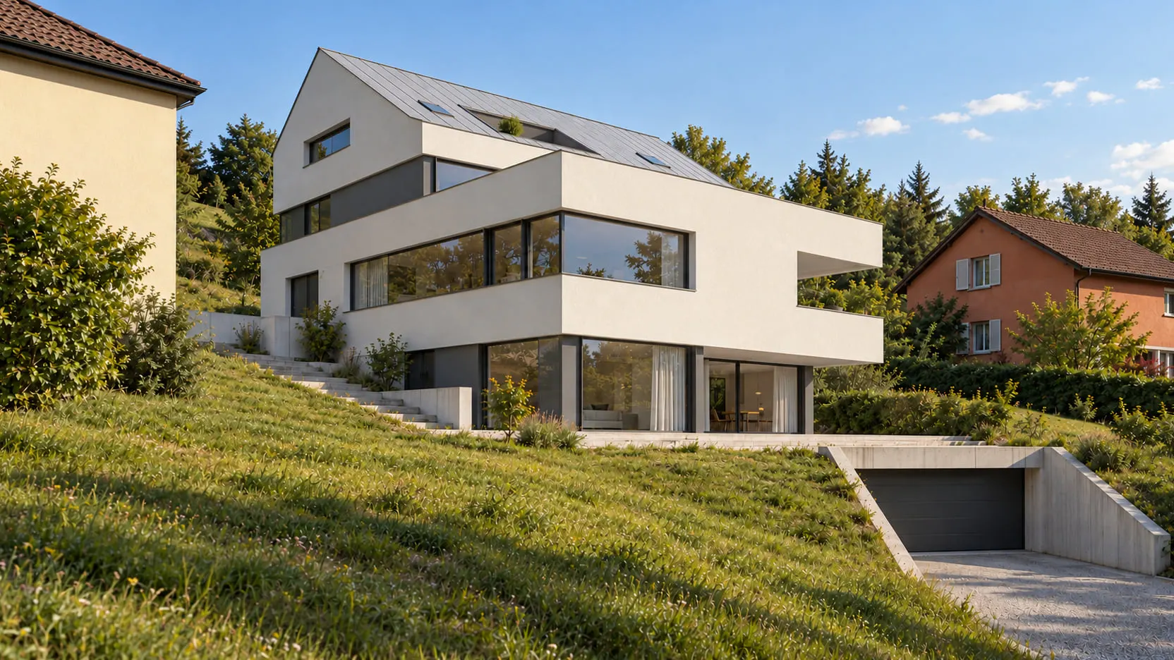 Visualisierung der Mehrfamilienhausstudie Drei Wohnungen am Hang in Salenstein aus Nordosten. Gestaffelte Terrassen, lange Fensterbänder, eingeschnittene Dachterrasse und die Zufahrt zur Tiefgarage gliedern den Baukörper.