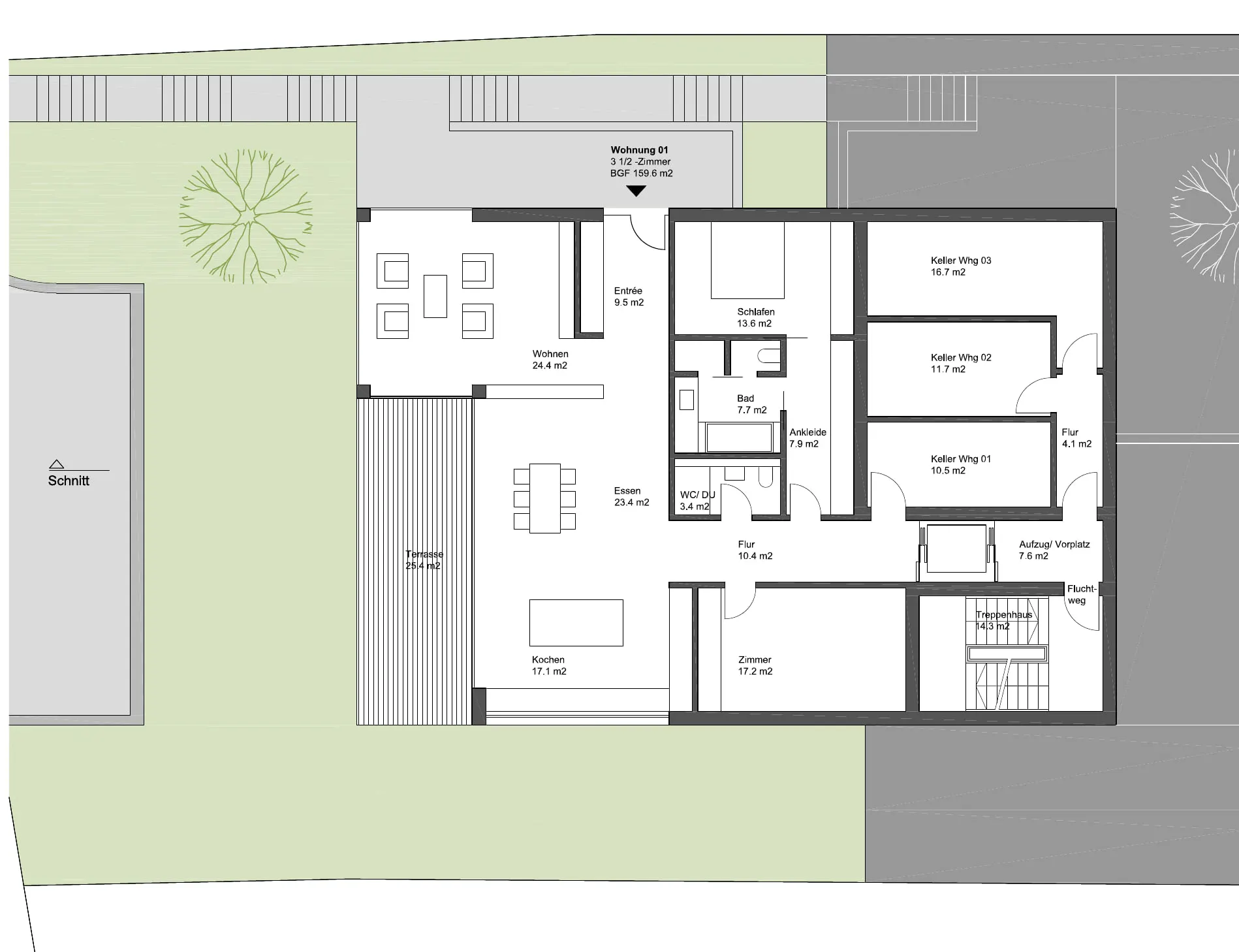 Grundriss der unteren Wohnung mit Wohnen, Essen, Kochen, zwei Zimmern und Aussenraum.