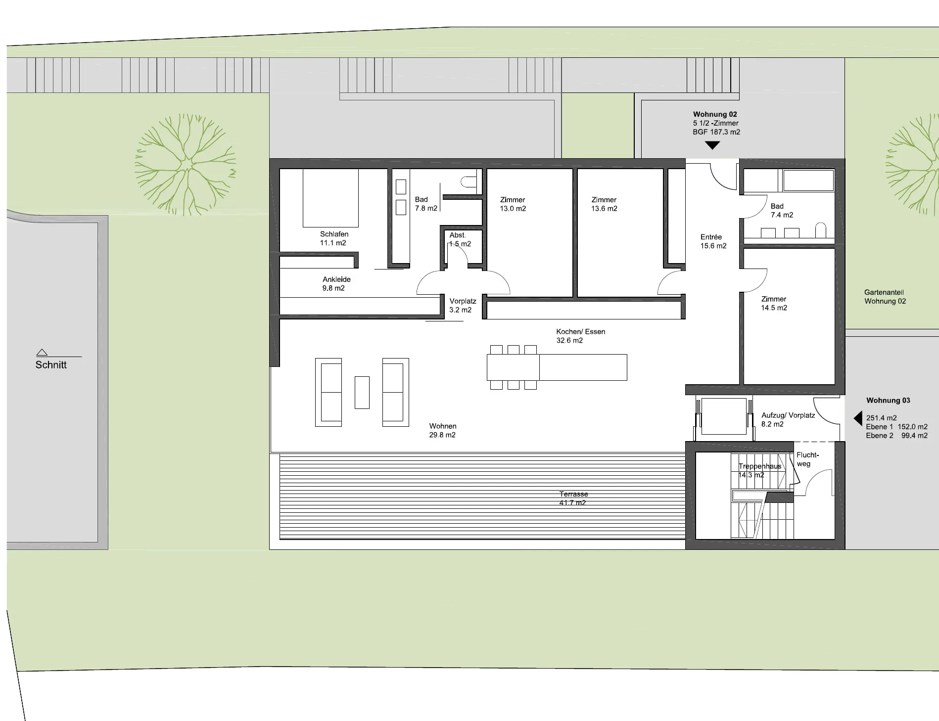 Grundriss der mittleren Wohnung mit Wohnraum an der Terrasse und rückwärtigen Zimmern.