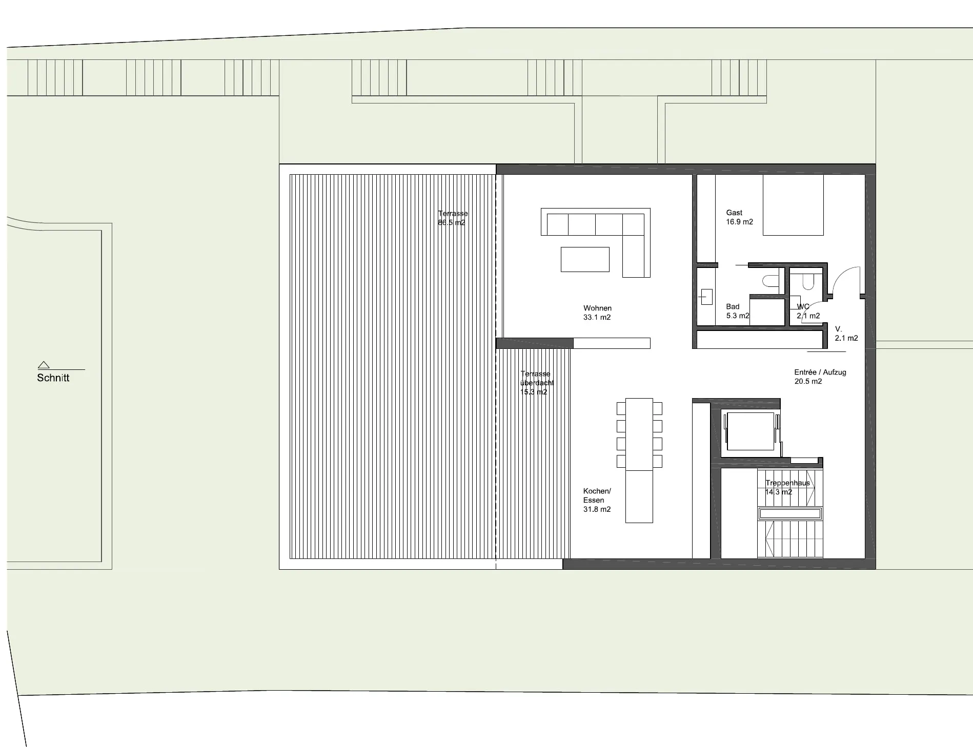 Untere Ebene der Maisonette mit Wohn- und Essbereich, Gästezimmer sowie grosser Terrasse.