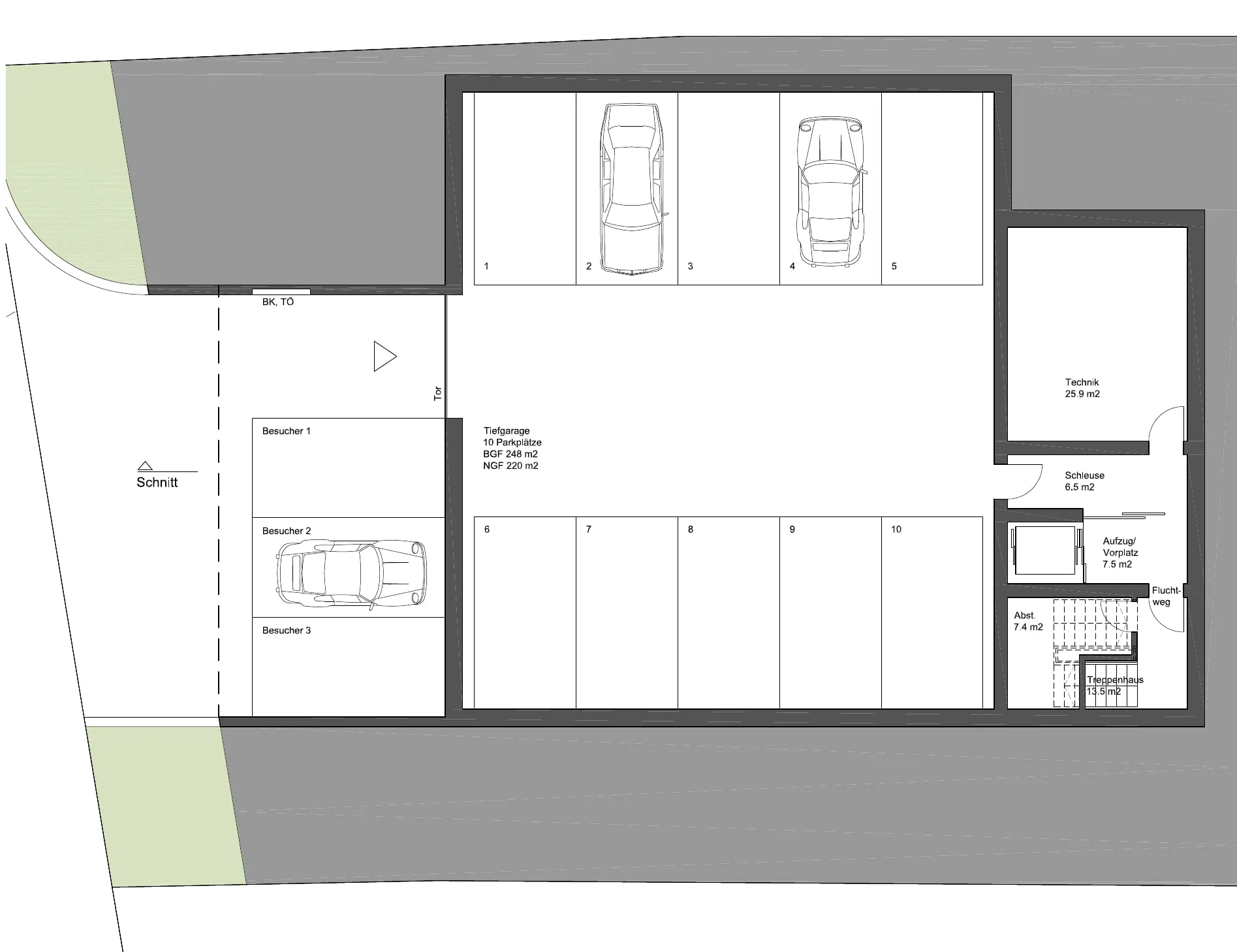 Grundriss der untersten Ebene mit Tiefgarage, Keller- und Technikräumen.