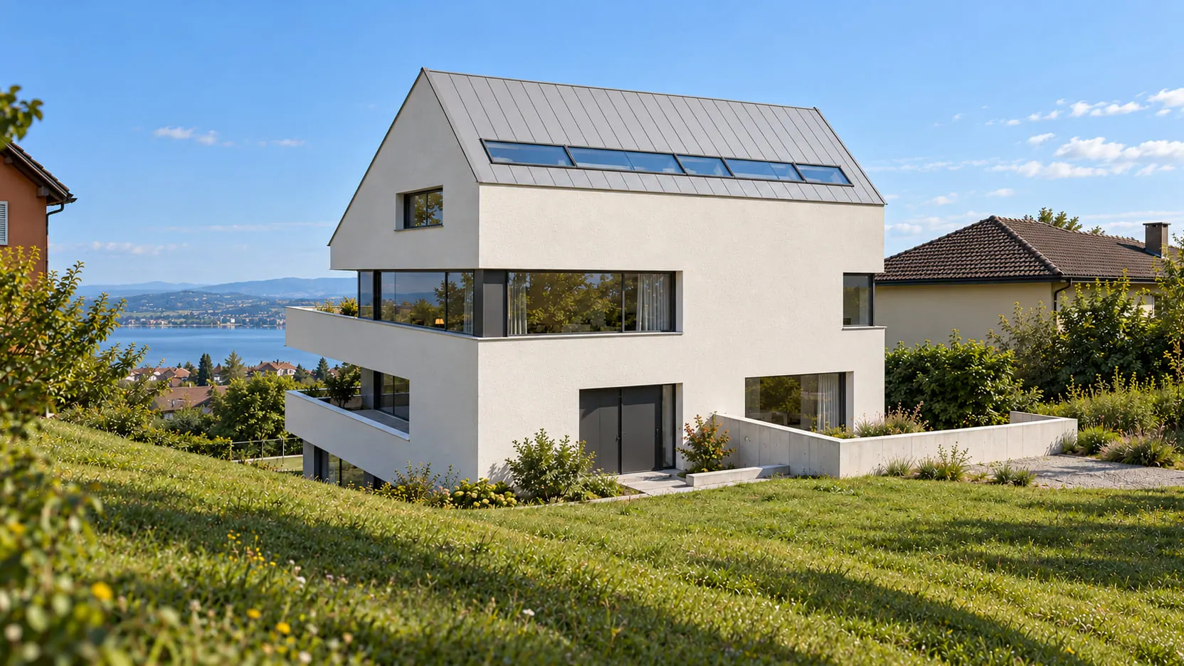 Südwestliche Visualisierung der Studie in Salenstein. Die Bergseite zeigt Eingang, das lange Dachlichtband und die seitlichen Terrassen. Der Bodensee liegt im entfernten Hintergrund.