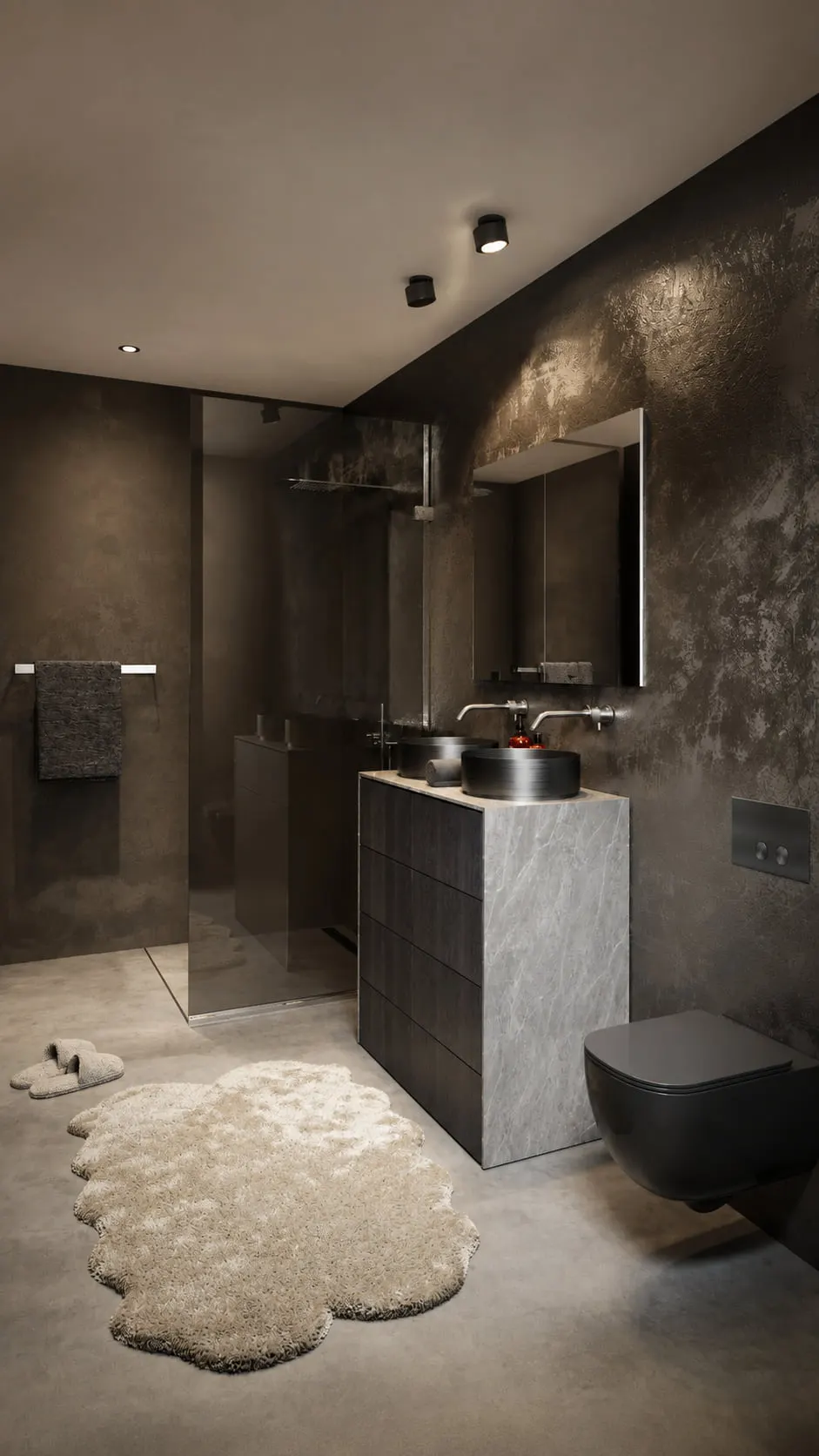 Modernes Badezimmer mit dunklen strukturierten Wänden, grauem Betonboden und schwarzen Armaturen.