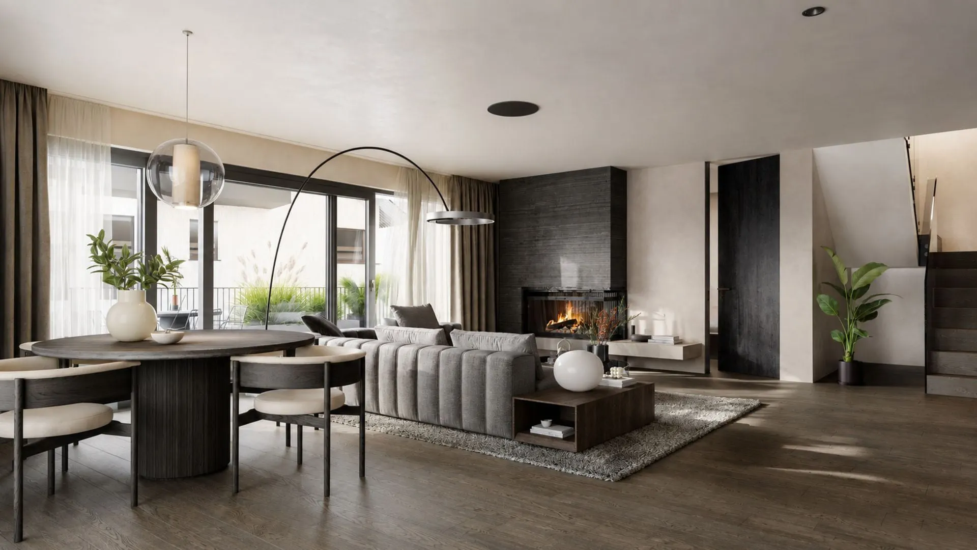 Modernes Wohnzimmer mit Essbereich, Kamin und grossen Fenstern. Neutrale Töne, offenes Layout.